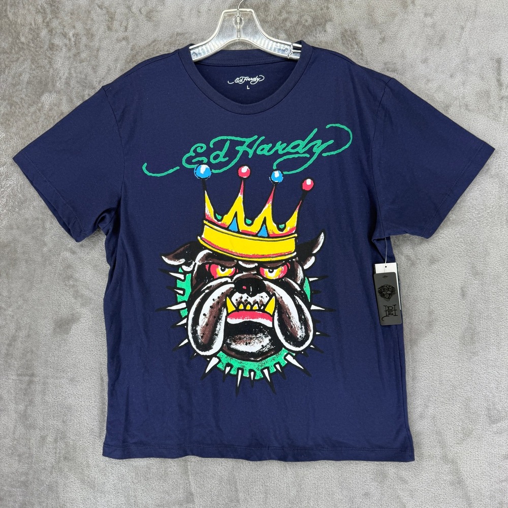 Ed Hardy Mens Bulldog Crown Graphic T-Shirt Navy Blue Large‎ New EHMD1121